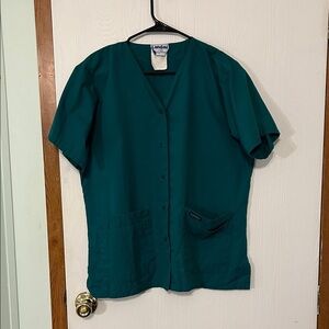 Landau Women's Green Snap Front Short Sleeve Scrub Shirt Size Large